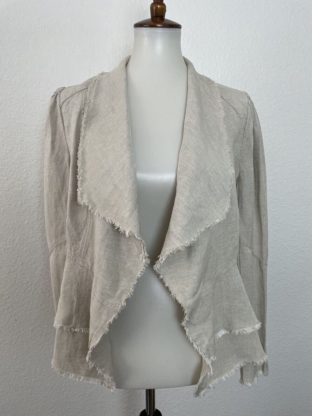 Rebecca Elliot Jacket Tiered Open Front Raw Trim Boho Chic Minimalist